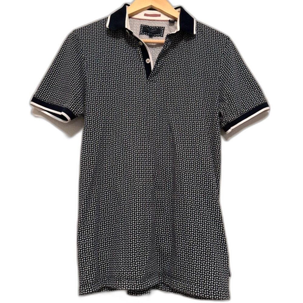 Ted Baker London Aven Geometric Print Cotton Polo Shirt Navy White Sz 3 M Preppy